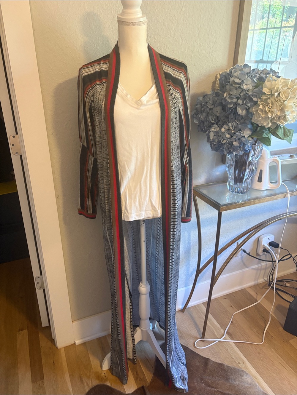 Very Long Open-Front Striped Duster Cardigan in navy and red M/L